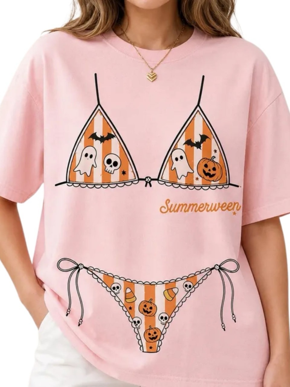 Gildan Pink Summerween Halloween Graphic Short Sleeve Tee
